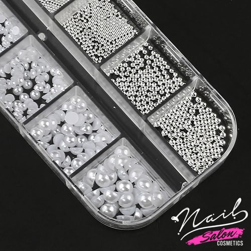 Pearls & Caviar 3D Nail Decoration Set / White Pearls & Metallic Silver Caviar - Image 2