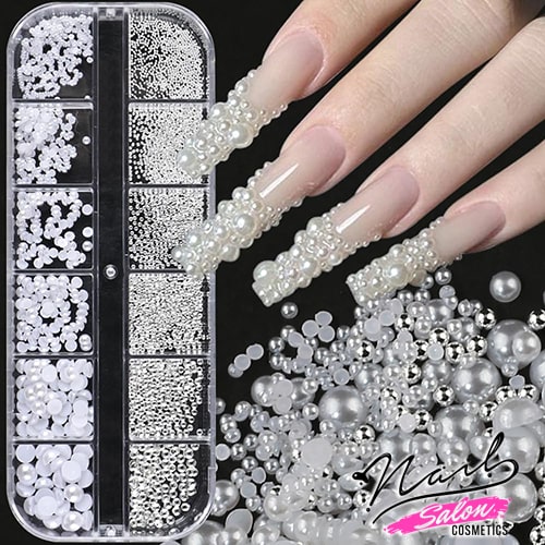 Pearls & Caviar 3D Nail Decoration Set / White Pearls & Metallic Silver Caviar - Image 3