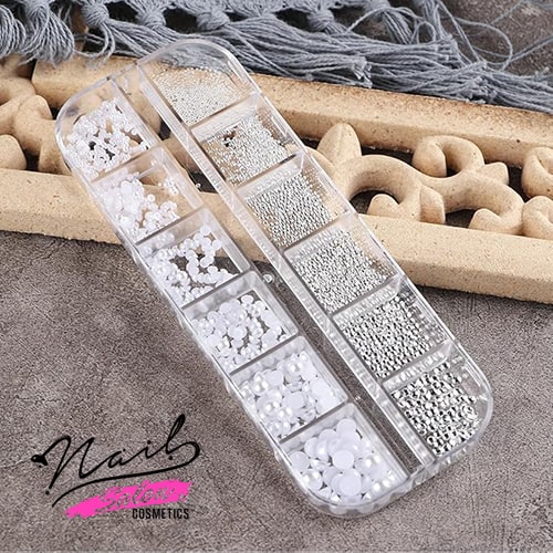 Pearls & Caviar 3D Nail Decoration Set / White Pearls & Metallic Silver Caviar - Image 4