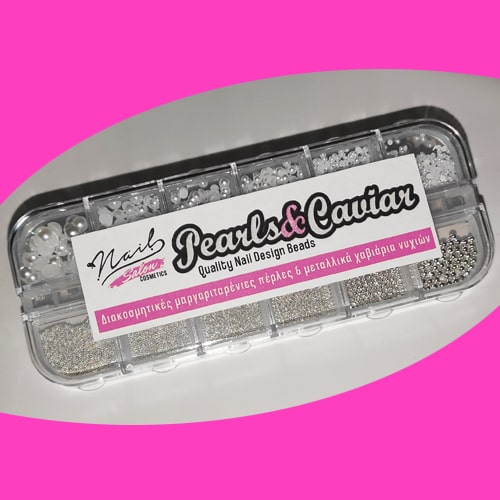 Pearls & Caviar 3D Nail Decoration Set / White Pearls & Metallic Silver Caviar