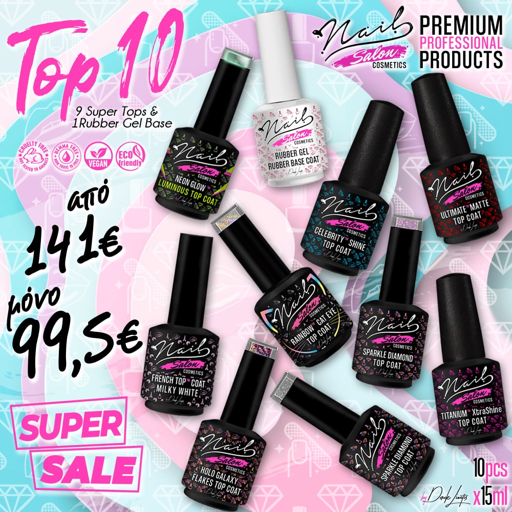 TOP 10 Super Sale – Nail Salon Cosmetics 9 Top Coats & 1 RubberGel Base X 15ml